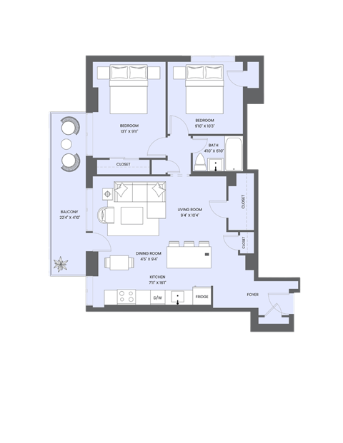 Floor plan for 2 beds, 1 bath